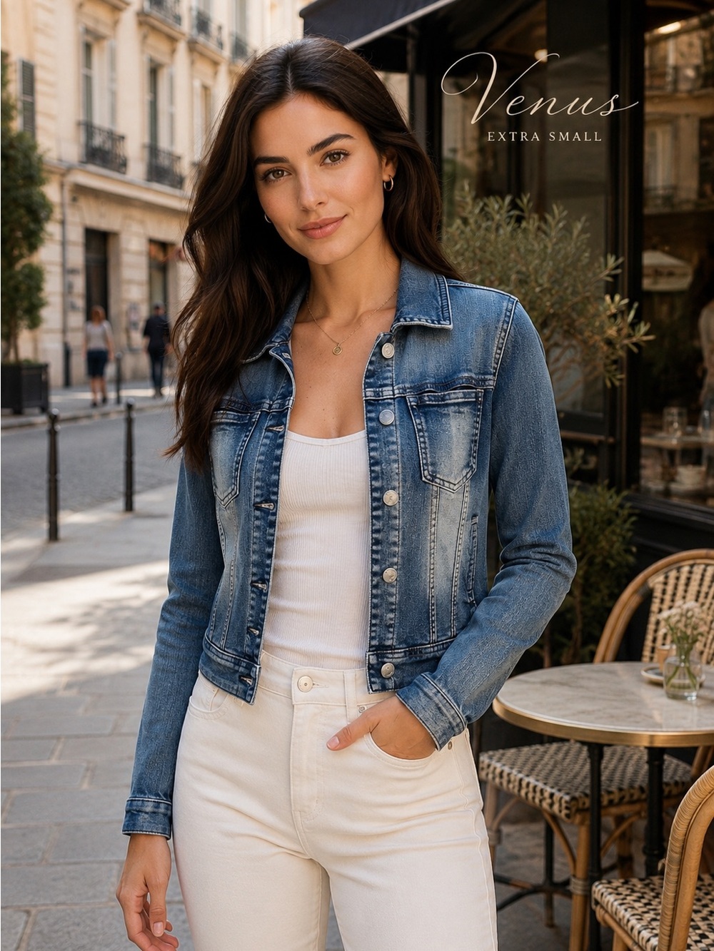 VENUS XS Fitted Denim Jacket Medium Wash Stretch Jean Jacket